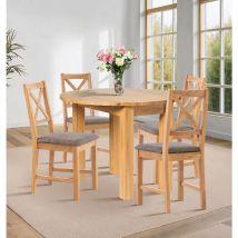 Hallowood Furniture Waverly Oak Small Light Oak Dining Table and Chairs Set 4, Round Drop Leaf Dining Table and Cross Back Chairs in Grey Fabric Seat