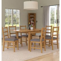 Hallowood Furniture - Waverly Extending Dining Table and Chairs Set 6, Light Oak Extendable Table and Ladder Back Oak Chairs with Grey Fabric Seat,