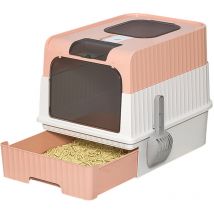 Bac à litière pliable pour chat avec tiroir et couvercle, bac à litière pour chat avec plateau amovible, avec pelle, 49 x 37 x 35 cm, rose - Haloyo