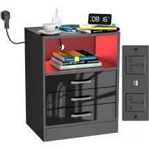 Haloyo - Table de Chevet Moderne à 3 tiroirs avec lumières led, Table de Nuit avec Multiprise, pour Salon, Chambre à Coucher, 60x45x35cm, noir