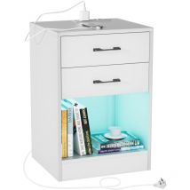 Haloyo Tables de Chevet, Table d'appoint avec Station Charge, Table de Nuit avec LED, avec 2 tiroirs, poignée, compartiment ouvert, 40x35x60cm, blanc