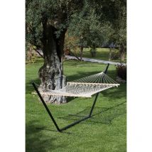 Hamac double filet 150x200 avec salon de jardin en planches de bois sans cadre
