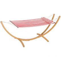 Outsunny - Hamac sur pied en bois - 1 place - bois teinte teck toile 100% coton rouge blanc rayée