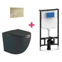 Aquore - Hänge-WC genova Komplett-Set schwarz mit rechteckiger goldfarbender Drückerplatte