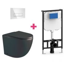 Aquore - Hänge-WC genova Komplett-Set schwarz mit rechteckiger chromfarbender Drückerplatte