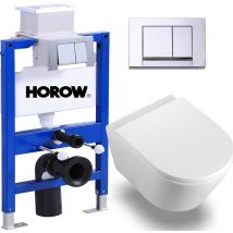 Horow - Komplettset 82 cm Vorwandelement Spülkasten + Drückeplatte + Spülrandlos Hänge wc Wand Toilette mit Soft Close wc Sitz