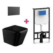 Aquore - Hänge-WC pisa Komplett-Set schwarz mit rechteckiger schwarzer Drückerplatte
