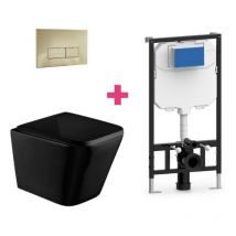 Aquore - Hänge-WC pisa Komplett-Set schwarz mit rechteckiger goldfarbender Drückerplatte