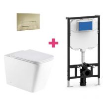 Aquore - Hänge-WC pisa Komplett-Set weiß mit rechteckiger goldfarbender Drückerplatte