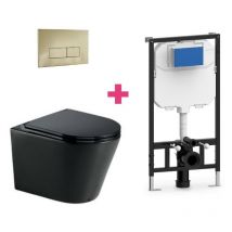 Hänge-wc Turin Komplett-set Schwarz Mit Rechteckiger Goldfarbender Drückerplatte