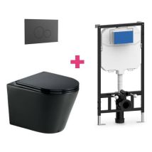Aquore - Hänge-WC turin Komplett-Set schwarz mit runder schwarzer Drückerplatte