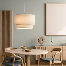 Hängelampe Esstischleuchte rund Pendellampe beige Textil Wohnzimmerlampe, Metall Nickel matt, 1x E27, DxH 40 x 150 cm