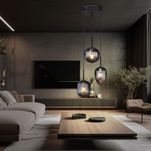 Hängelampe Pendelleuchte Deckenlampe Wohnzimmerleuchte Esszimmerlampe, Metall schwarz Glas rauchfarben, 3 Flammig E14, h 120 cm