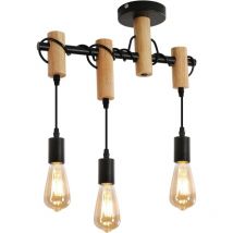 Hängelampe Vintage 3 Lichtern Holz Deckenleuchte E27 Basis Für Wohnzimmer Schlafzimmer Esszimmer Büro Bar Café Schwarz (Glühbirne nicht enthalten)