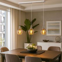 Hängeleuchte 3-Flammig Pendelleuchte Glas Retro Esszimmerlampe Glasschirme, Metall, 3x E14 Fassung, LxBxH 65x15x150 cm