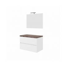 Abitare - Hängender Badezimmerschrank 80 cm aus glänzend weißem Holz und fossiler Eichenplatte mit Waschbecken und Spiegel – Civo - Con colonna