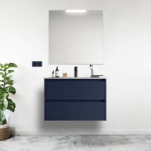 Abitare - 80 cm hängender Badezimmerschrank aus satinblauem Holz mit eingebautem Waschbecken – Nova - mit Kolonne