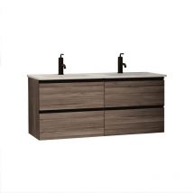 Kassia - Hängender Badezimmerschrank Wabi Olmo Habano mit doppeltem Waschbecken, Maße 120 x 60 x 45 cm –