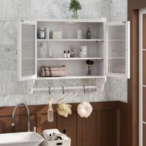 Hängeschrank Mit 2 Türen Aus Riffelglas, 3 Ebenen Und Handtuchhalter, Vintage-stil, Aus Holz Und Mdf, 63×18×60 Cm, Weiß Patiniert