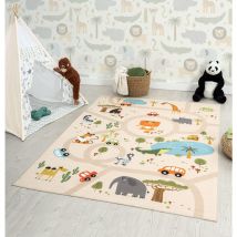 Happy Life Kinderzimmer, Kinderteppich, Spielteppich, waschbar, Beige, 160 x 220 cm - The Carpet