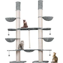 Xxl Kratzbaum-Landschaft für große Katzen - 2-in-1 Aktivitäts- und Sisal-Paradies mit Deckenspanner 280cm hoch Premium Plüsch Grau - Happypet