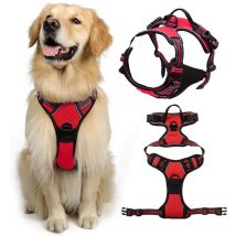 Harnais Chien Arnais Rouge Anti Traction Réfléchissant Gilet Réglable pour Chien, Attache Devant Crochet de Laisse pour Randonnée Trajet Voiture, M ,