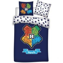 Parure de lit réversible Harry Potter - Blason Hogwarts - Les 4 Maisons Rouge, Vert, Jaune et Bleu - 140 cm x 200 cm