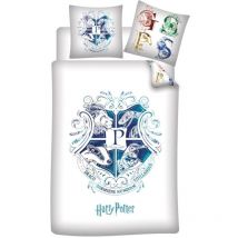 Parure de lit réversible Harry Potter Blason Poudlard - Les 4 Maisons - Blanche et Bleue - 140 cm x 200 cm