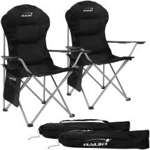 2x Sillas Plegables de Camping Negra Asiento de Pesca Con Portavasos y Bolsa de Transporte Mobiliario de Acampada Extragrande Tumbona Acolchada y