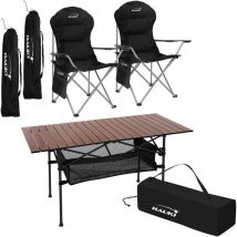 Campingmöbel Set 3tlg. Campingtisch faltbar Braun mit 2 Campingstühlen Schwarz, Camping-Set für 2 Person mit Tragetasche, Alu Klapptisch mit 2