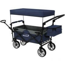 Chariot de Transport Pliable avec Toit et Sac, Bleu-Gris, Chariot à Main à Pousser et Tirer, Roues Avant Pivotantes à 360° avec Freins, Charge