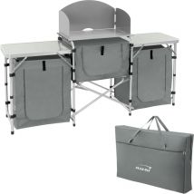 Cuisine de Camping Pliable, avec Sac de Transport, Meuble à Étagères de Rangement, Gris, Aluminium/Tissu Oxford, avec Pare-Vent et Plan de Travail,
