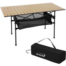 Table de Camping Pliante 118x55x64,5 cm, Plateau de Table Beige en Aluminium Aspect Bois Clair, avec Sac de Transport, Table d'Extérieure avec Poche