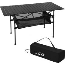 Table de Camping Pliante Noire, 118 x 55 x 64,5 cm, Plateau de Table Enroulable en Aluminium, avec Sac de Transport, Table d'Extérieure avec Poche