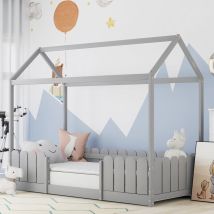 Hausbett 90x200 cm - vielseitiges Holz Kinderbett f ̈¹r Jungen & Mdchen - Mit Rausfallschutz und Lattenrost ̈c Grau (Ohne Matratze)