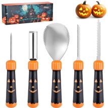 Haushof Kit De Sculpture De Citrouille D'Halloween 5 Pièces, Outils Professionnels Avec Cuillère, Scie, Perceuse, Et Gouge À Motif, Couteaux En Acier 