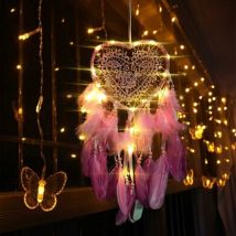 Heart Shaped Dream Catcher Bohemian Style Handmade Romantic Decoration Dark Pink With Lights