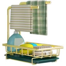 Organiseur d'Evier, Organiseur de Cuisine en Métal, Organiseur de Salle de Bains avec Porte-éponge & 2 Porte-Lavettes & Egouttoir Amovible, Rangement