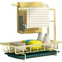 Organiseur d'Evier, Organiseur de Cuisine en Métal, Organiseur de Salle de Bains avec Porte Eponge & 2 Porte-Lavettes & Egouttoir Amovible, Rangement