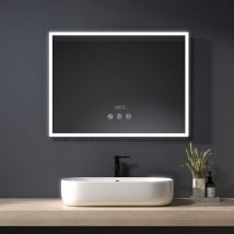 Heilmetz Badspiegel mit Beleuchtung 80x60cm LED Badezimmerspiegel Arycl Wandspiegel mit Touchschalter Beschlagfrei 3 Lichtfarben Uhr