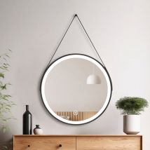 Heilmetz - Miroir de salle de Bain rond led Monture Noire et Bandoulière Réglable avec Interrupteur Tactile et Lumière Blanche Froide (D:70cm)