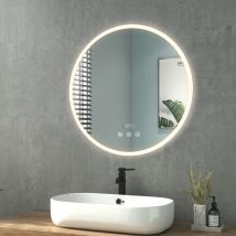 Espejo De Baño Con Iluminación Espejo De Baño Redondo 70cm Diametro led Espejo De Pared Acrilico Con Interruptor Tactil Sin Empañamiento y Reloj y