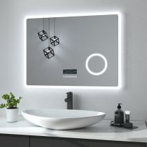 Espejo de baño con luz led y lupa 3X, 80 x 60 cm, con interruptor táctil y antivaho, Reloj y Bluetooth, luz blanca fría - Heilmetz