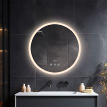 Heilmetz - Miroir Led Rond Salle De Bain 60 Cm Avec Éclairage Tactile Dimmable, Anti-buée, Horloge Et Température – Ip65, Économie D'Énergie