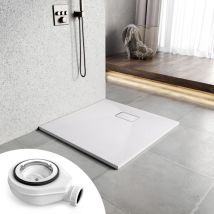 Heilmetz - Plato de ducha angular plano aspecto piedra plato de ducha antideslizante + tapa smc Ø90mm orificio de desagüe Blanco 90x90cm(Incluye