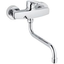 Wand-Spültischmischer Alpha 100 – Messing – Verchromt – 360° Schwenkauslauf – 200 mm Ausladung – 215 mm Höhe – 2-löchig – Hergestellt in Deutschland