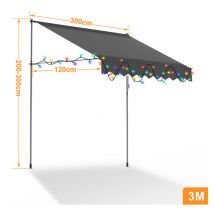 Tolletour - Auvent manuel Store à pince Auvent à Pince Auvent pour balcon Store de fenêtre Store de balcon sans percer. anti-UV 300cm Gris avec led