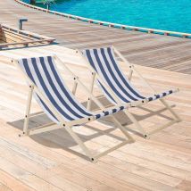 TolleTour Chaise longue pliante Chaise de jardin en bois Chaise longue pliante Chaise de camping Plage bleu blanc 2 pièces