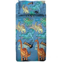 Dinosauri, Set Lenzuolo Singolo Cameretta, Una Piazza, Completo Letto, Lenzuolo Sopra, Lenzuolo Sotto Con Angoli, Federa, 100% Cotone, Azzurro