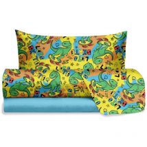 Jolly, Set Lenzuola Letto Singolo Dinosauro, 100% Cotone, Lenzuolo Sopra + Lenzuolo con Angoli + Federa, Completo Letto Fansatisa Cameretta - Hermet
